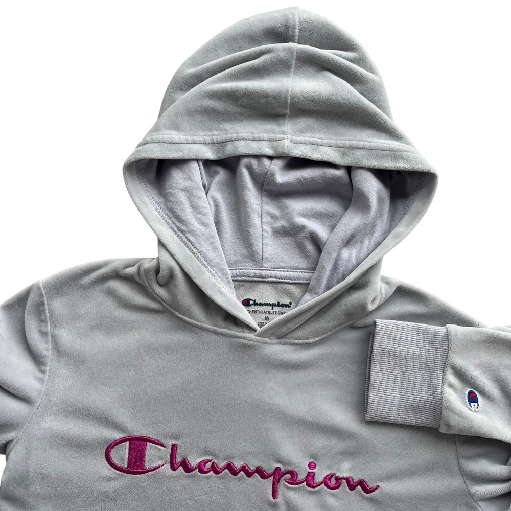 Champion Girls M Gray Magenta Velour Embroider Script Logo Hoodie Sweatshirt Y2K